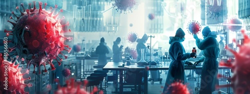 A group of people in a lab wearing protective gear. The lab is filled with red and blue objects