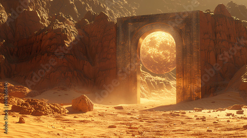3D render of a futuristic gate in a Middle Eastern desert landscape