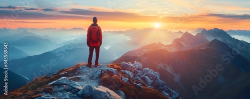 Lone mountain trekker witnessing the dawn break over majestic peaks in a serene natural landscape