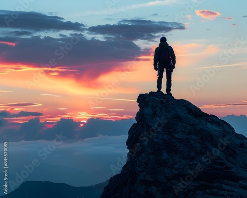 Solitary Mountain Climber Silhouette Against Dramatic Evening Sky Landscape