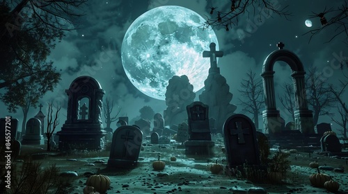 218 Haunting 3D cartoon graveyard under a full moon with spirits wandering for Halloween