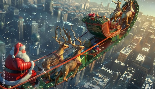 312 Enchanting 3D cartoon Santas sleigh being pulled by magical reindeer soaring over cities