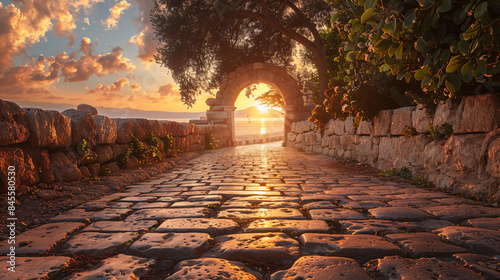 Empty stone pathway leading to a cultural landmark in the Middle East