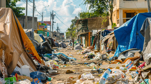 A street lined with makeshift tents in a homeless camp, showing a large amount of litter and debris.