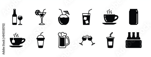 Beverages or drinks icon set. Containing bottle, wine glass, coconut, mineral water, tea, coffee, beer, soda can, juice, cup, cocktail. Vector illustration