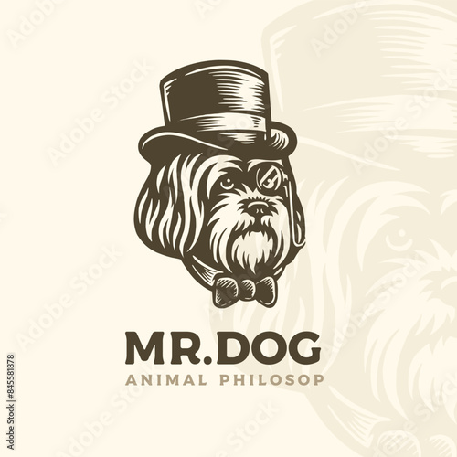 Vector head bearded collie dogs wear vintage Hat and bow tie in old english victorian hipster logo style
