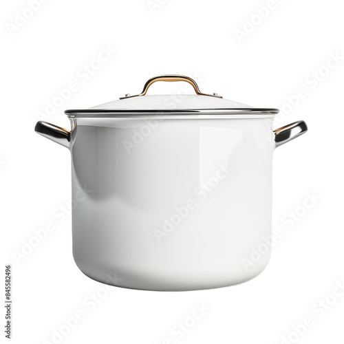 White cooking pot with copper handles isolated on transparent background