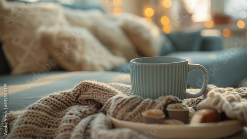 A mug on a knitted blanket, warm lighting