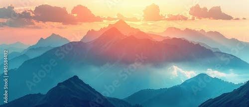 Misty mountain range with soft sunset light.