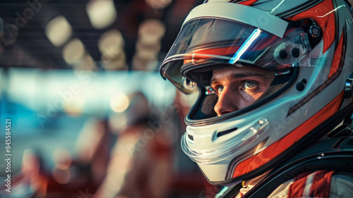 Racing driver wearing helmet
