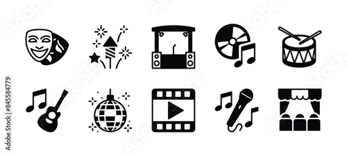 Event entertainment icon set. Containing theatre mask, fireworks, stage, concert music, drum, acoustic guitar, disco ball, karaoke, singing, cinema movie video. Vector illustration