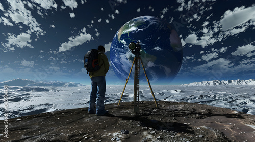 A geodesist with a surveying instrument measuring the Earth's shape and gravitational forces on land.