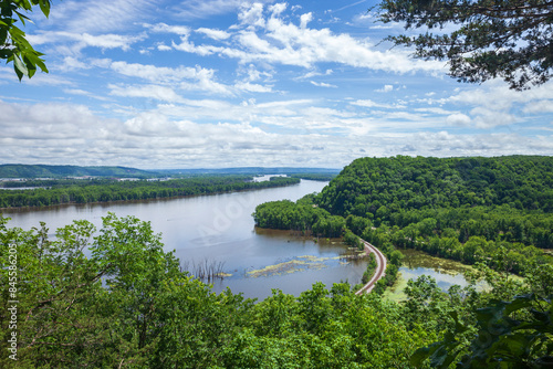 Mississippi River viewed from the bluffs at Effigy Mounds National Monument on a bright summer day