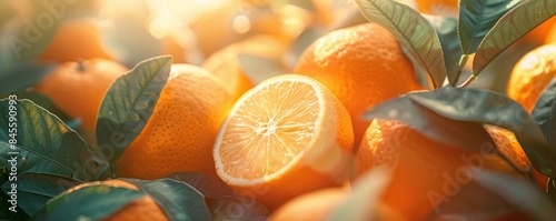 Close-up of juicy oranges with green leaves in sunlight.