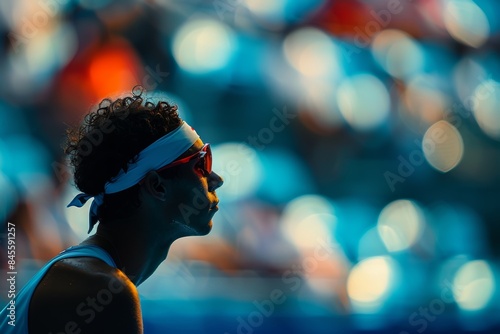 Focused Tennis Player Preparing for Match at Olympic Event with Blurred Court and Crowd