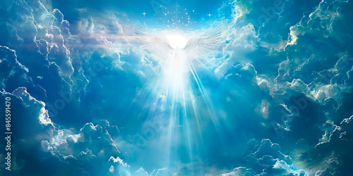 Divine angel descending from blue sky with heavenly light. Heavenly being emanating radiance from above. Sacred spirit delivering illumination from heaven. Concept of faith and Cristianity.