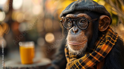 chimpanzee monkey, with glasses and dressed in a patterned cloth on his head, topped with an old hat. Rendered in warm, endearing character captivates with its lifelike detail.