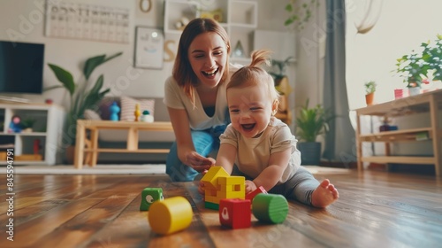 A woman and a baby are playing with blocks on a wooden floor