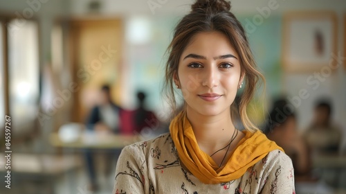 Confident young female Pakistani student standing in classroom, poised, confident posture, determined expression, academic setting, classroom environment.