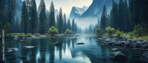 Serene River Winding Through Towering Mountains: A Majestic Landscape Scene of Natural Beauty and Tranquility