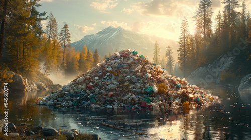 Huge pile of plastic litter in beautiful river, hyperbole, heavy pollution concept