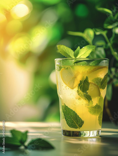 A refreshing mojito cocktail with mint and lime in a glass on a table.