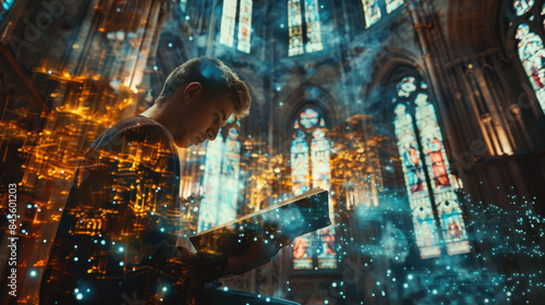 Young man reading Bible, double exposure with church interior