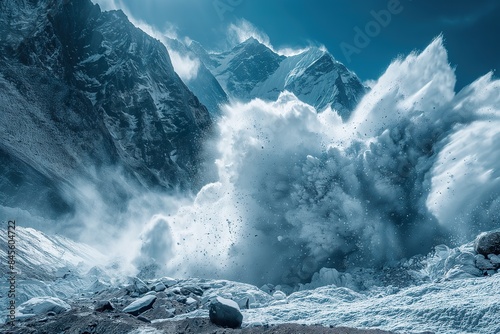 A powerful avalanche crashes down a mountainside in the Himalayas, creating a breathtaking and awe-inspiring display of natures power.