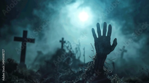 Eerie Zombie Hand Emerging from the Grave at Night - Generative AI