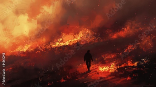 person walking on path surrounded by wildfire digital painting