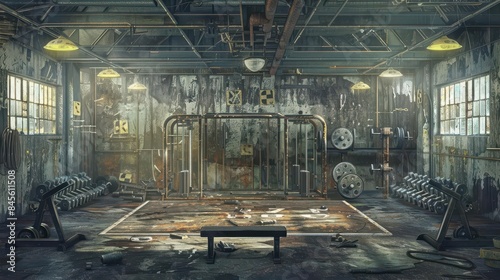 postapocalyptic wasteland themed gym with rugged workouts concept illustration