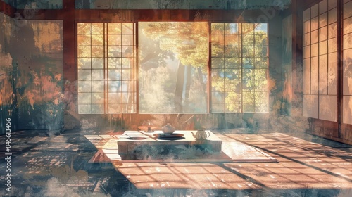 serene japanese tea ceremony room interior traditional mindfulness retreat digital painting