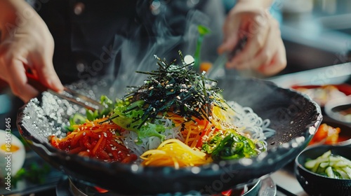 Slow-motion plating of Tokpokki ingredients, colorful garnishes like shredded seaweed, pickled radish adorning dish, enticing customers
