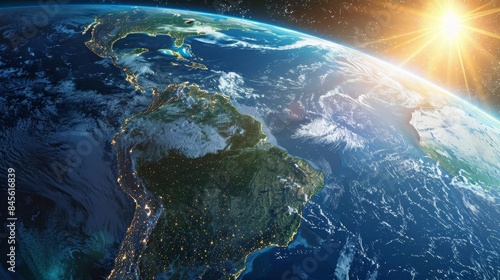 sun illuminating highly detailed earth focus on north america satellite view 3d illustration