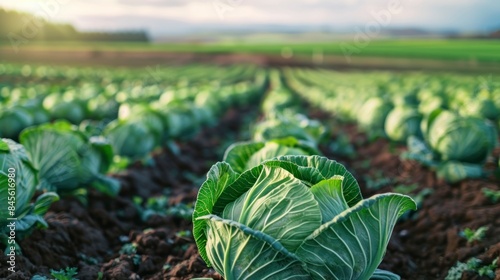 Rows of healthy cabbage plants bask in the sunlight on a well-tended farm. The lush, green leaves indicate optimal growing conditions and careful agricultural management.