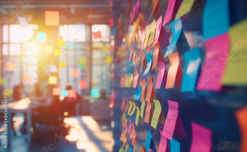 Glass wall covered with colorful sticky notes in a modern office.