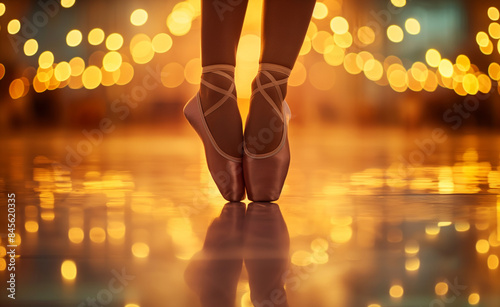 A ballet dancer on pointe, illuminated by warm, glowing lights, creating an elegant and ethereal atmosphere.