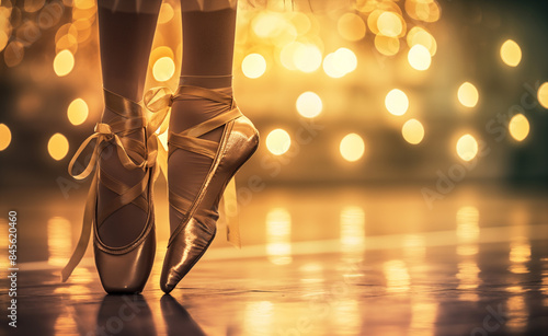 A ballet dancer on pointe, illuminated by warm, glowing lights, creating an elegant and ethereal atmosphere.