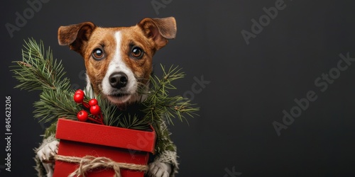 Merry Christmas concept holiday vacation winter greeting card - Jack russell terrier and red giftbox with ribbon, isolated on black background