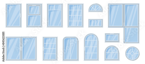 Houses and apartment exterior or interior design, architecture of building. Vector isolated set of windows with wooden or plastic frames and glass texture. Balcony and ached type, square and circle