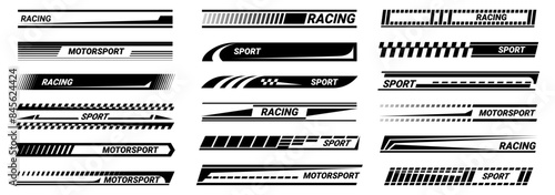 Racing stripes isolated set with lettering. Vector modern race modification mark, elegant futuristic techno decals for bike car and motorcycle. Motor vehicle stickers for tuning automobile