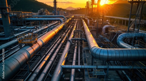 Capture the essence of a sprawling transport gas pipeline factory, where massive pipelines stretch across the landscape, connecting a network processing buildings and storage facilities. generative ai