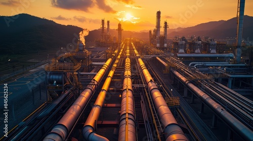 Capture the essence of a sprawling transport gas pipeline factory, where massive pipelines stretch across the landscape, connecting a network processing buildings and storage facilities. generative ai