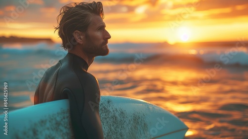 A surfer stands with his surfboard tucked under his arm, gazing towards the vast ocean as dawn breaks, the golden light Generative ai