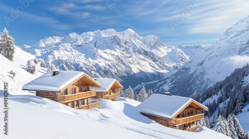 Pristine alpine chalets nestle in a breathtaking mountain landscape covered in fresh snow