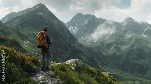 A male traveler donning an orange jacket treks along a narrow path amidst lush green mountainous scenery