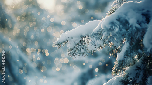 The image highlights a snow-laden fir branch against a background of sunlight creating bokeh effects