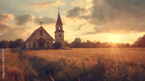 vintage toned landscape of old church in field at golden hour sunset nostalgic rural scene