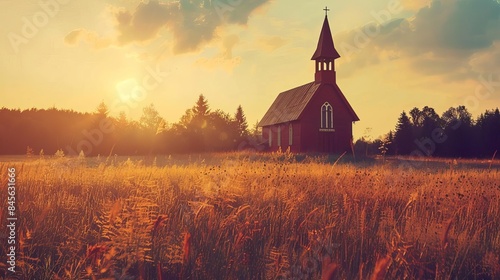 vintage toned landscape of old church in field at golden hour sunset nostalgic rural scene