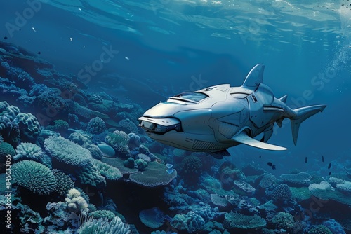 A robot shark is swimming in the ocean